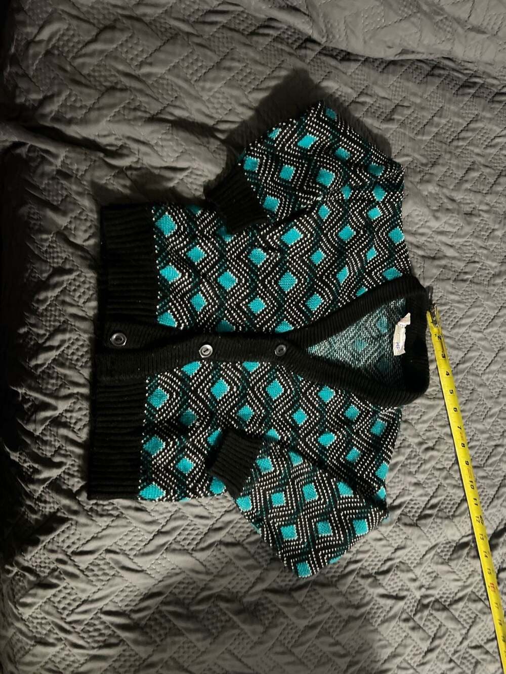 Vintage Jordache Girls Size 5 Teal and Black Geometric Diamond Knit Cardigan